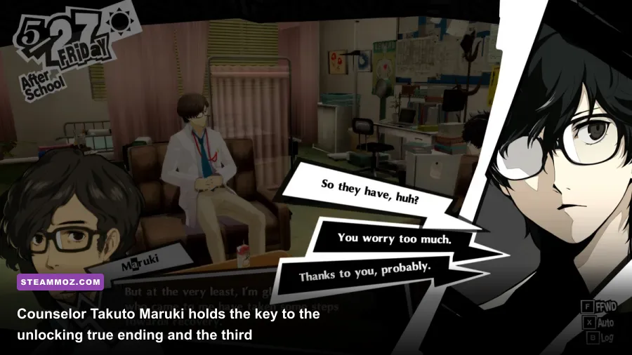Takuto Maruki speaking to Joker in the school counseling room in Persona 5 Royal