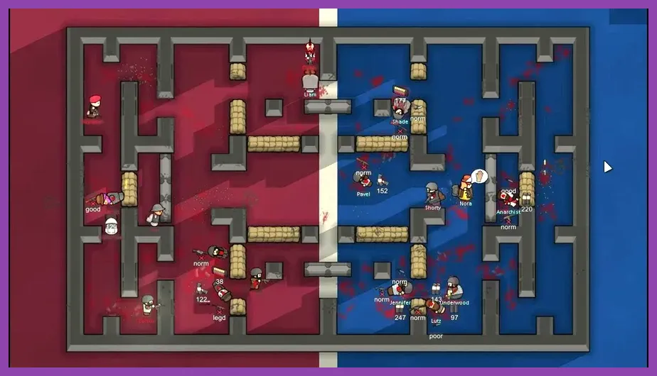 RimWorld colonists defending against a raid with ranged weapons