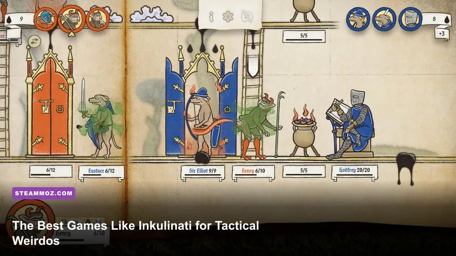 Inkulinati gameplay showing medieval manuscript creatures fighting on a parchment battlefield