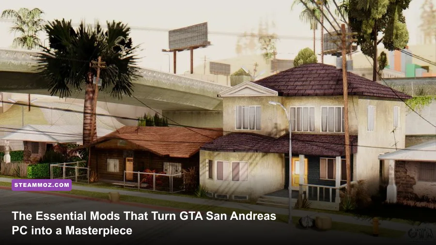 Modded GTA San Andreas running on PC showing CJ on Grove Street with high-definition textures and atmospheric lighting