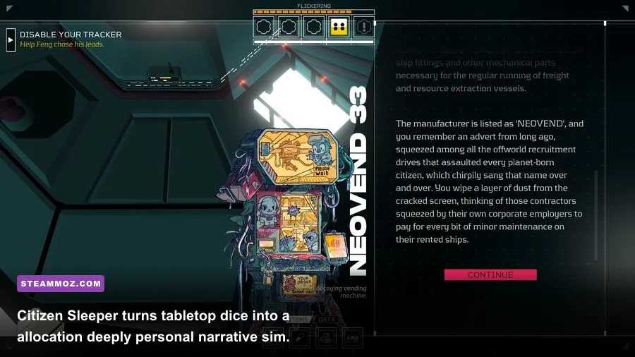 Citizen Sleeper showing dice rolling system, condition tracker, and cyberpunk space station art