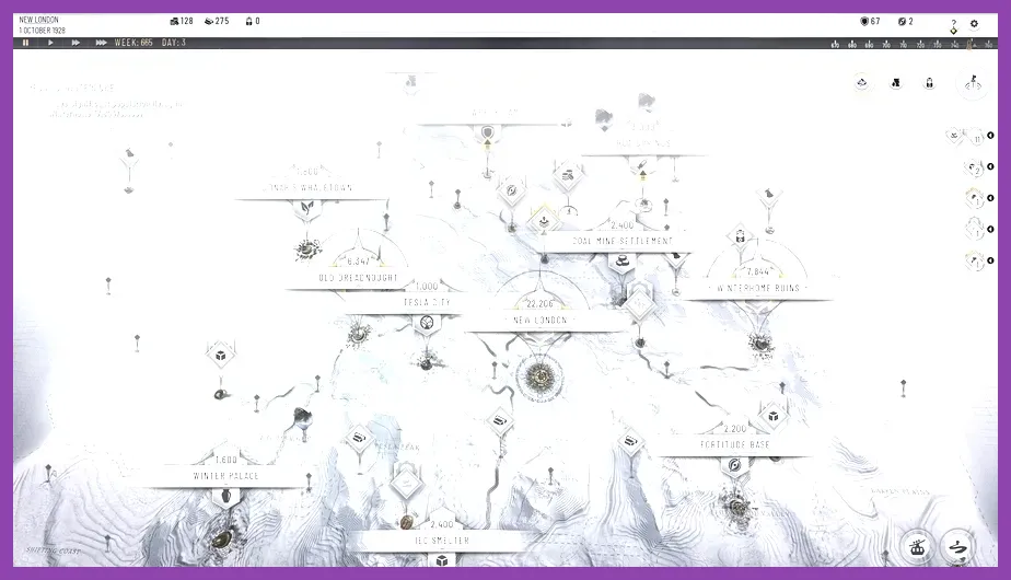 Frostpunk 2 tactical frostland map showing frozen wasteland routes