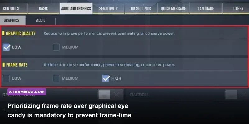 Call of Duty Mobile in-game graphics menu with Low quality and Max frame rate selected