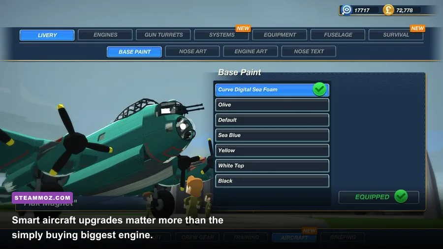 Bomber Crew aircraft customization screen showing bomber upgrades