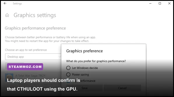 Windows graphics settings assigning a game to the high performance GPU