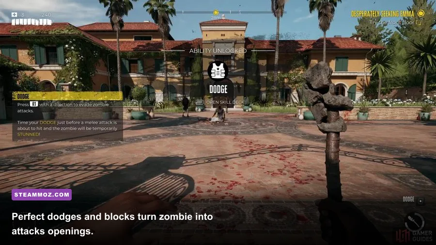 Dead Island 2 player performing a perfect dodge against a zombie