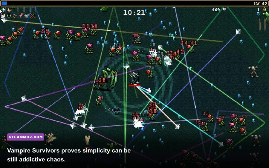 Hundreds of enemies swarming the player character in Vampire Survivors