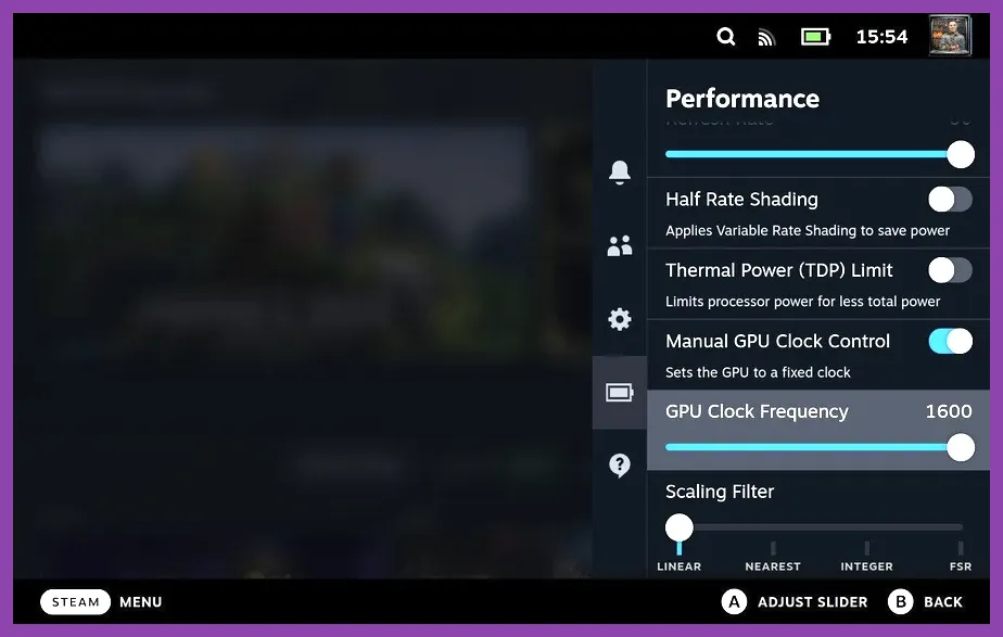 Steam Deck performance overlay showing TDP and GPU clock controls