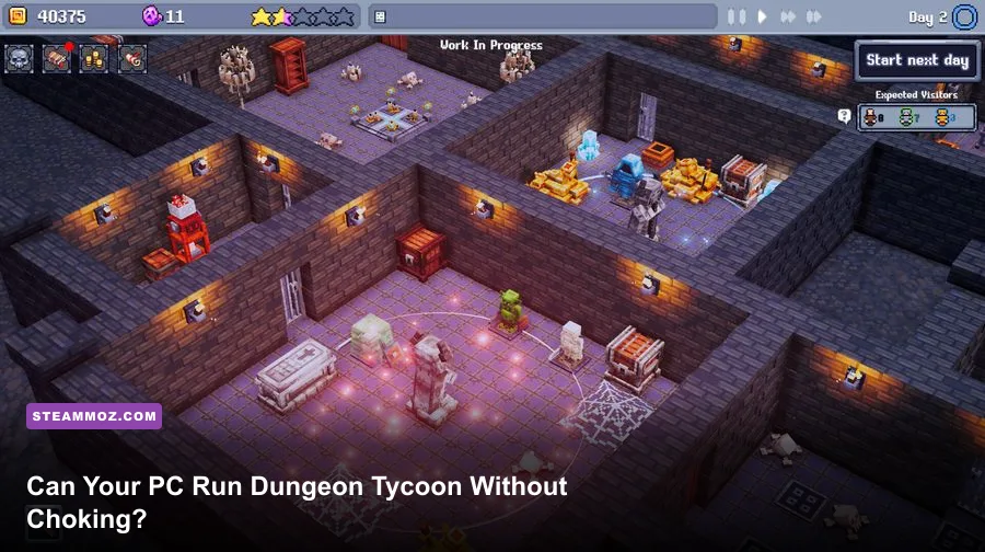 Dungeon Tycoon dungeon management gameplay with rooms, traps, and monsters