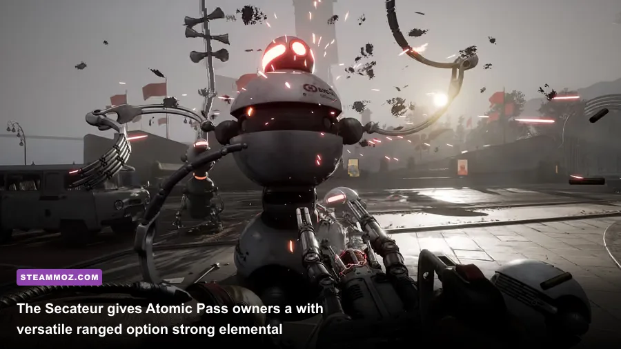 Atomic Heart Secateur weapon firing at robots in Annihilation Instinct DLC