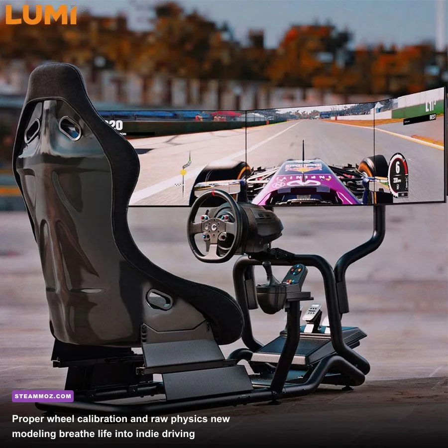 Direct drive racing wheel and pedal setup configured for niche PC driving games