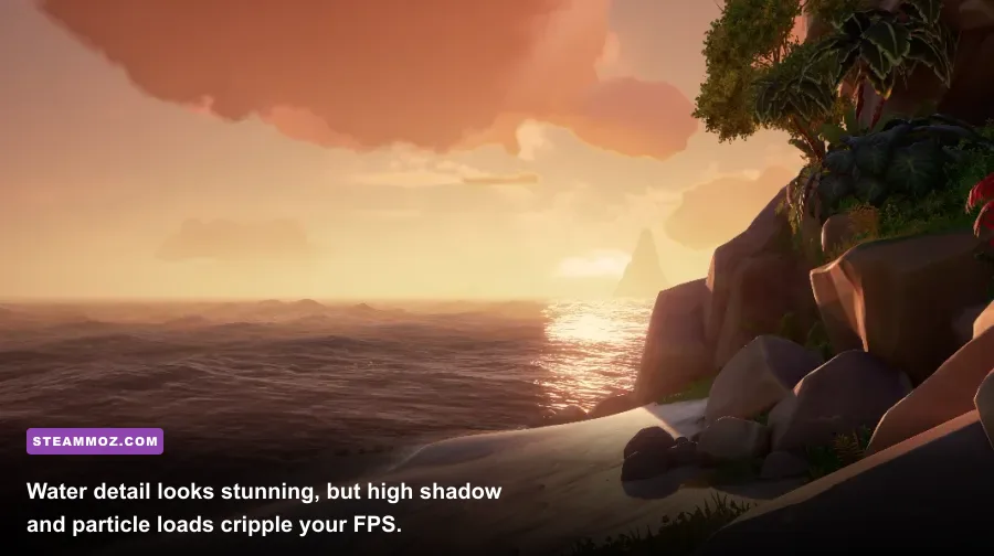 Realistic ocean water rendering and sunlight reflections in Sea of Thieves