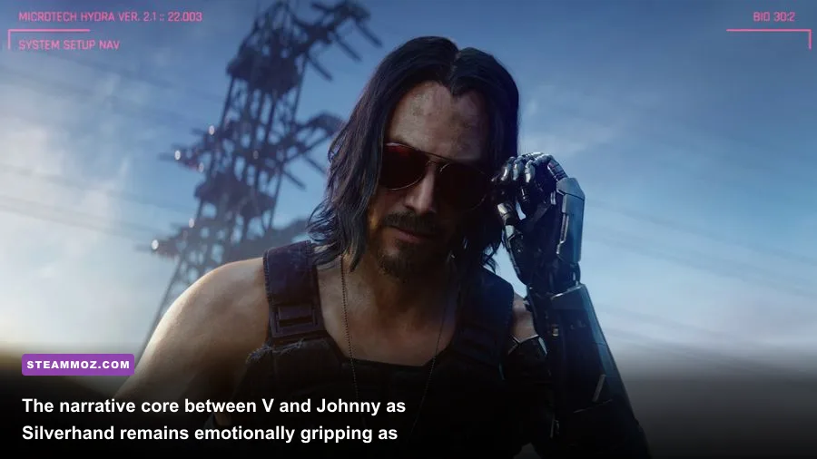Johnny Silverhand leaning on an old signpost during an intimate conversation with V