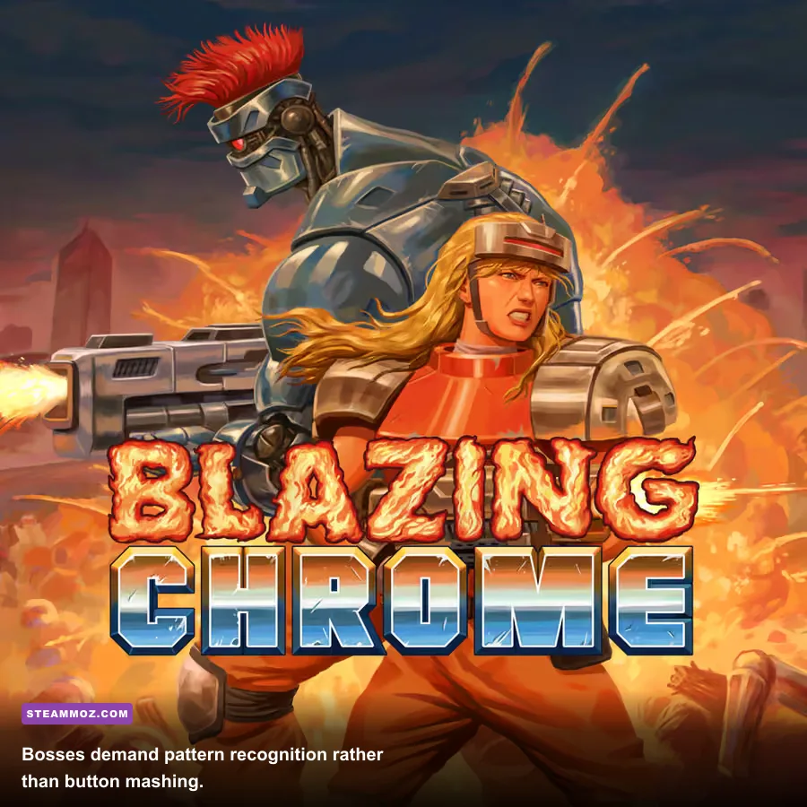 A giant mechanical boss attacking the player in Blazing Chrome