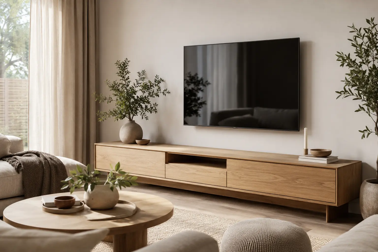 Well-proportioned wood TV console anchoring a Scandinavian living room composition