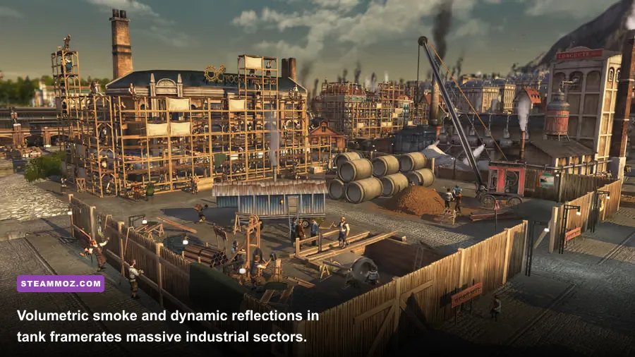 Industrial district with smoking chimneys and intricate mechanical animations in Anno 1800