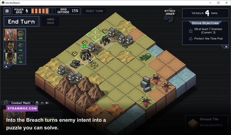 Into the Breach showing enemies and predicted attacks on a tactical grid
