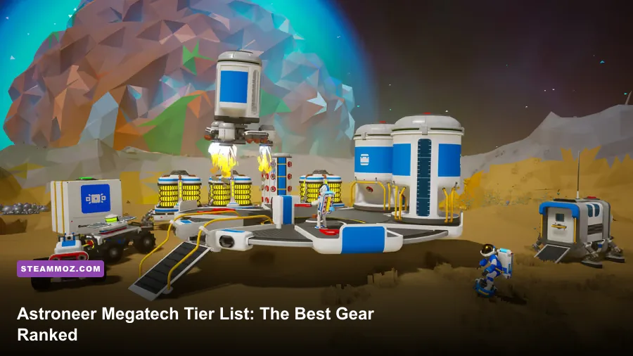 Astroneer base with advanced equipment, Terrain Tool, rover, and RTG