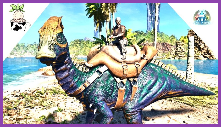 Player character in ARK Survival Evolved with beginner dinos on a sunny beach