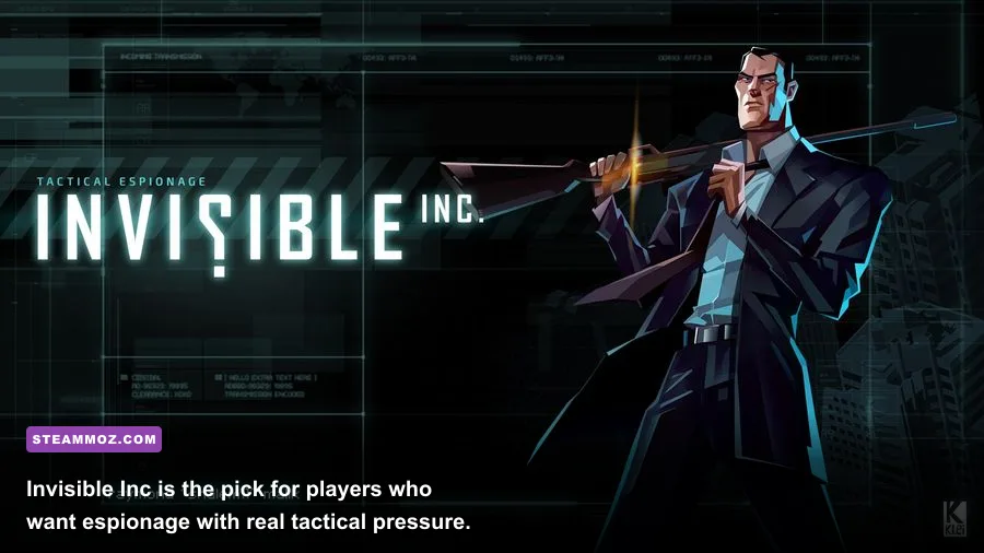 Invisible Inc agents sneaking through a facility while hacking security systems
