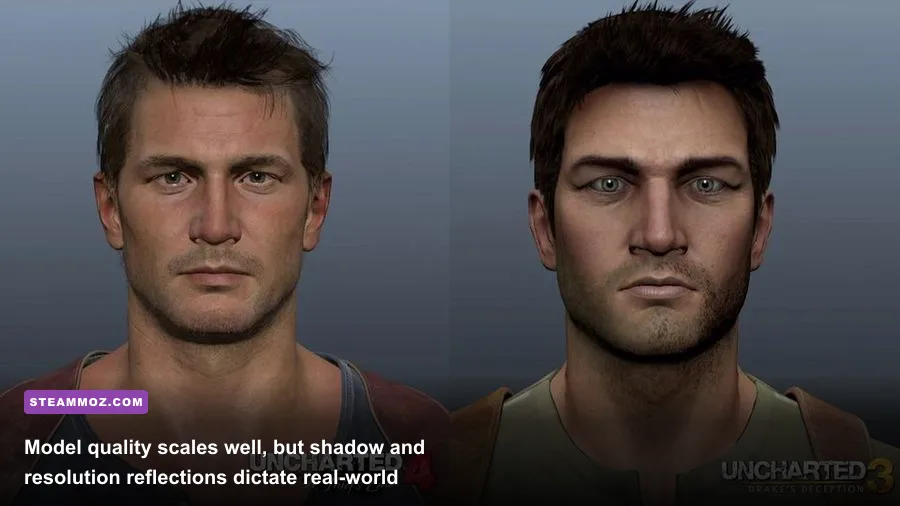 Visual comparison of Nathan Drake's character model under different graphic presets in Uncharted 4 PC