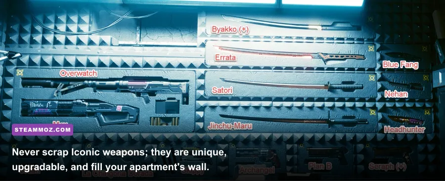 Iconic weapons mounted on the weapon stash wall inside V apartment in Cyberpunk 2077