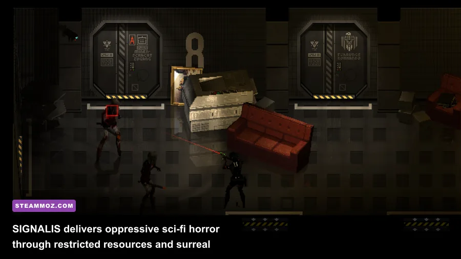 SIGNALIS screenshot of Elster exploring a red-lit industrial horror corridor