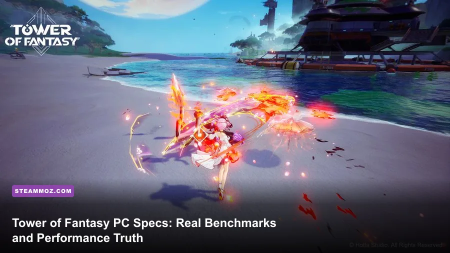 Tower of Fantasy PC high settings gameplay showcasing Mirroria cityscape