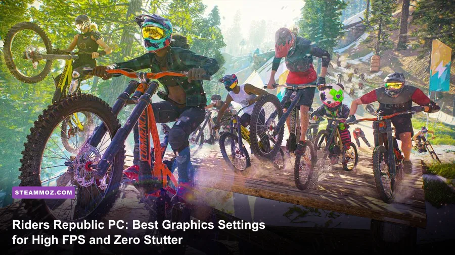 Riders Republic downhill bike race kicking up dust on a canyon trail