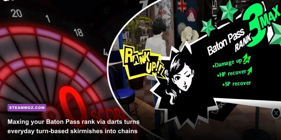 Playing darts at the Penguin Sniper lounge in Kichijoji to level up Baton Pass in Persona 5 Royal