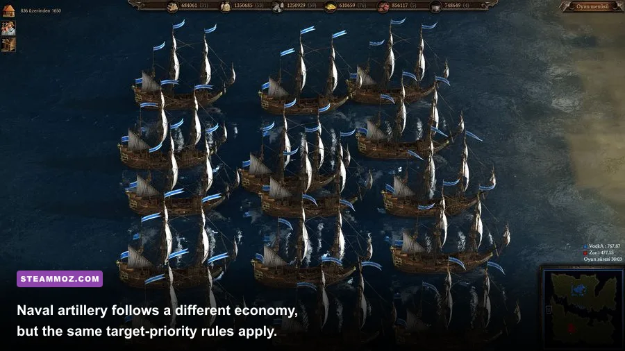 Cossacks 3 warships exchanging cannon fire during a naval battle