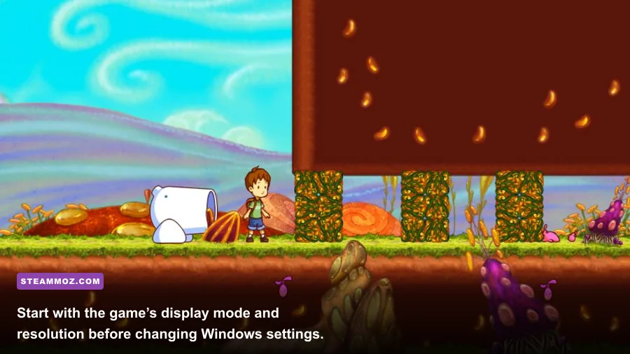 A Boy and His Blob PC graphics options and fullscreen settings menu