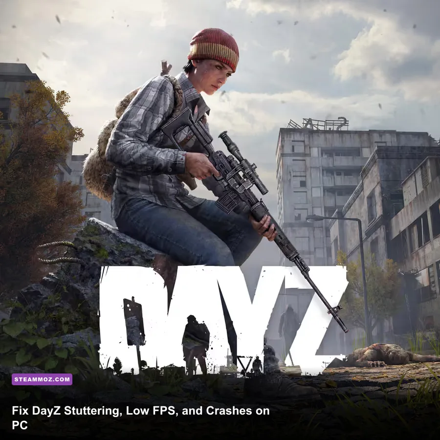 DayZ Chernarus gameplay on PC with a survivor moving through a forest town