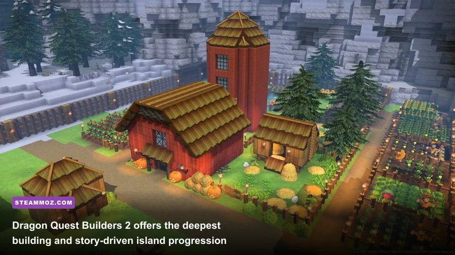 Dragon Quest Builders 2 gameplay showing a farm village, irrigation channels, crops, and custom buildings