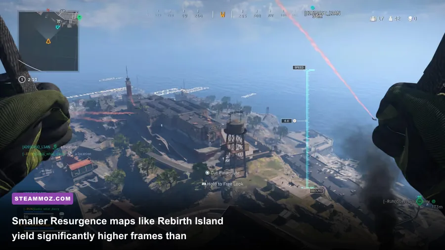 Sniper aiming over Rebirth Island courtyard during an intense battle royale match