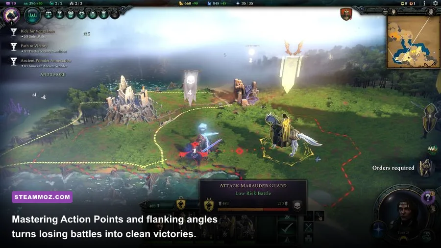 Hex-grid combat showing action points and flanking indicators in Age of Wonders 4