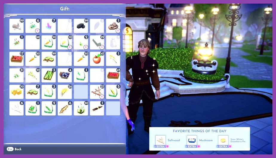 Character inventory screen showing favorite daily gifts in Disney Dreamlight Valley