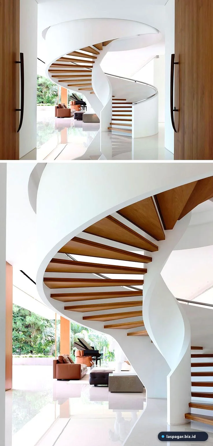 Desain tangga putar besi minimalis modern perpaduan kayu dan besi