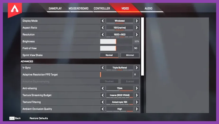 Apex Legends PC video settings showing texture streaming budget and graphics options
