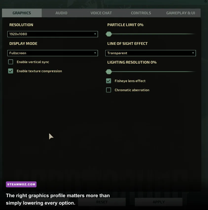 Barotrauma PC graphics settings showing lighting particles and resolution options