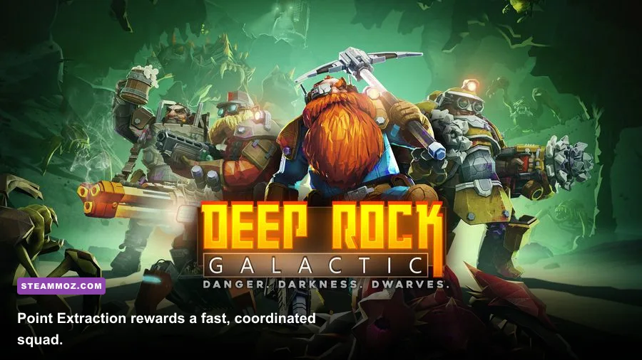 Deep Rock Galactic team fighting bugs and mining Aquarqs during Point Extraction
