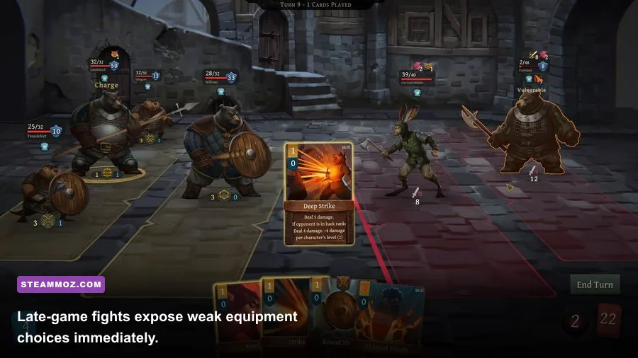 Banners of Ruin party fighting a difficult boss in a late run