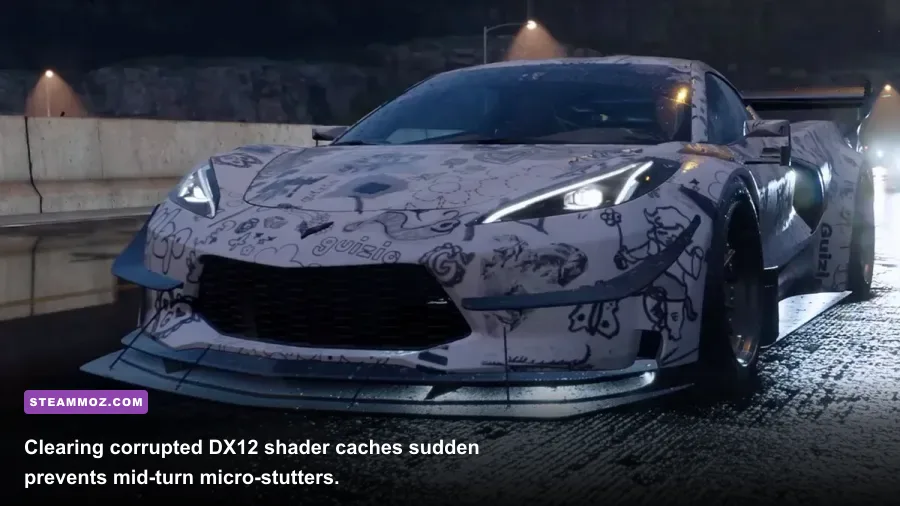 High speed street racing scene in Need for Speed Unbound with smoke effects