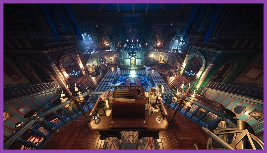 The majestic glowing Phoenix perched inside the Vivarium in Hogwarts Legacy