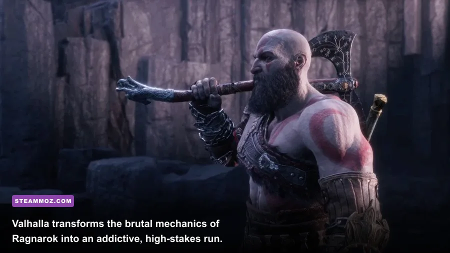 Kratos battling glowing Norse Einherjar warriors inside the ethereal arenas of the Valhalla DLC