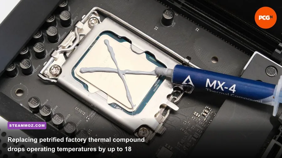 Fresh thermal compound applied to the CPU and GPU dies of a small form factor PC motherboard