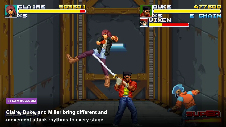 Final Vendetta character selection screen featuring Claire, Duke, and Miller