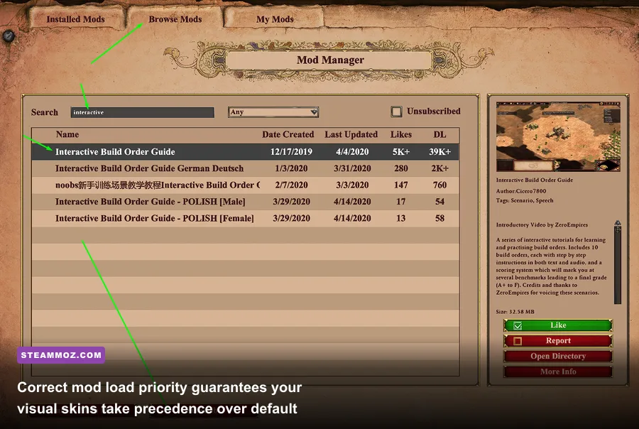 Mod load order and priority settings screen in Age of Empires