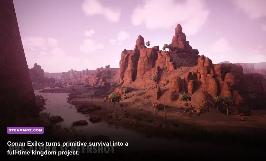 A player-built fortress overlooking the desert in Conan Exiles