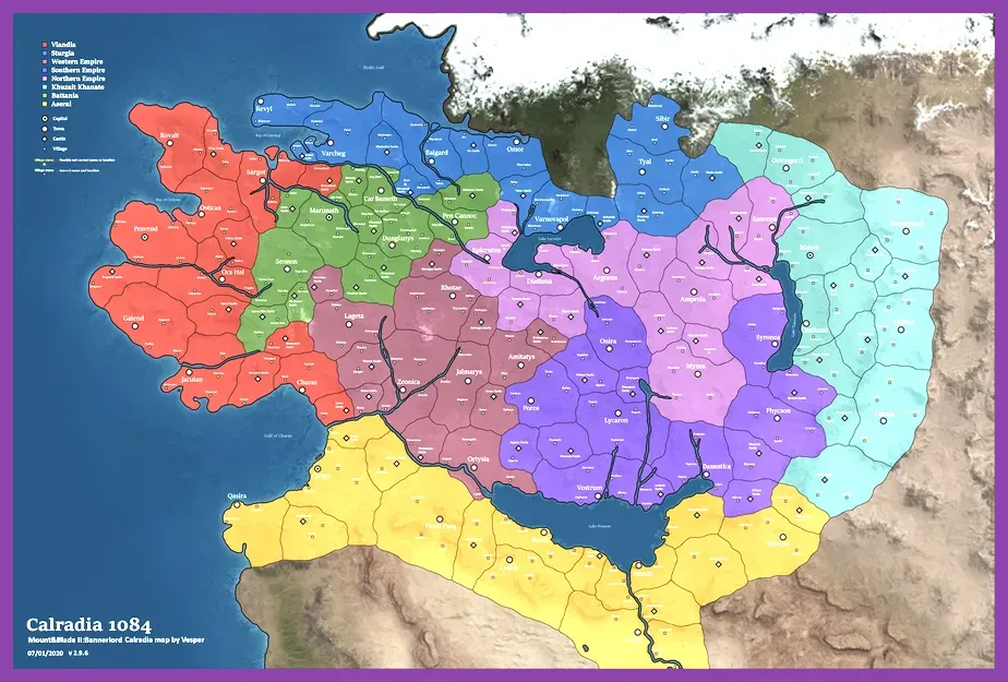 World map overview of Calradia showing prosperous towns and castles